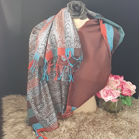 Blue & Red Striped Pashmina Shoulder Wrap with Silver Accents Pashmina & Silk - Picture 5 of 8